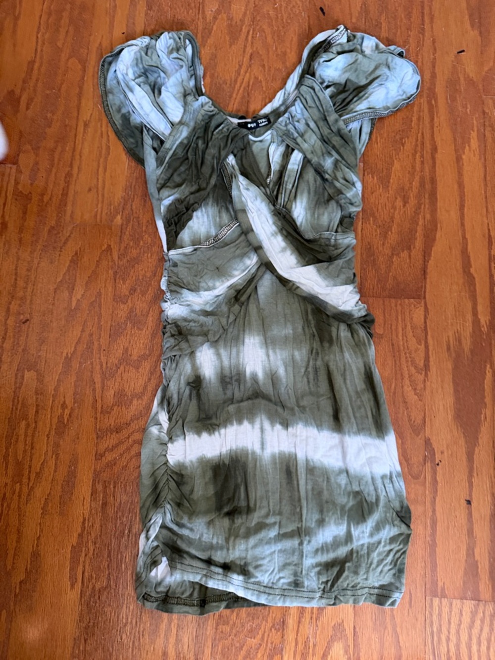 Olive Tie-Dye Ruched Mini Dress with Twist Front